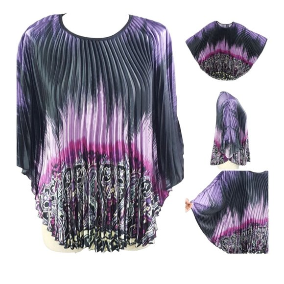 Butterfly Style Women Knife Pleated Blouse Paisley Purple - Picture 2 of 8